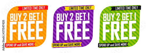 Set Buy 2 Get 1 Free tags, sale banners design template, discount badge collection, spend up and save more, vector illustration
