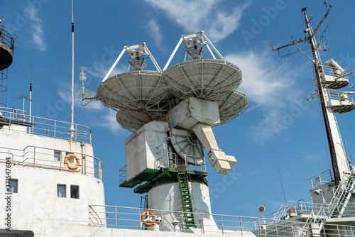 satellite system installed on a research ship parked in the port