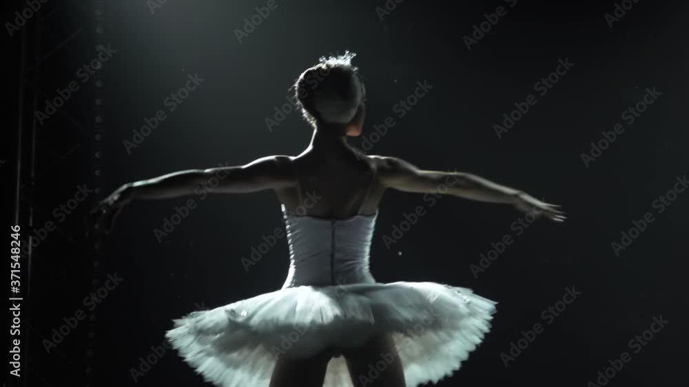 Classical ballet choreography perfoming by young beautiful graceful ballerina in white tutu. Silhouette of a slim figure. Shot in a darkness on spotlights background of studio. Slow motion. Classical ballet choreography perfoming by young beautiful graceful ballerina in white tutu. Silhouette of a slim figure. Shot in a darkness on spotlights background of studio. Slow motion.