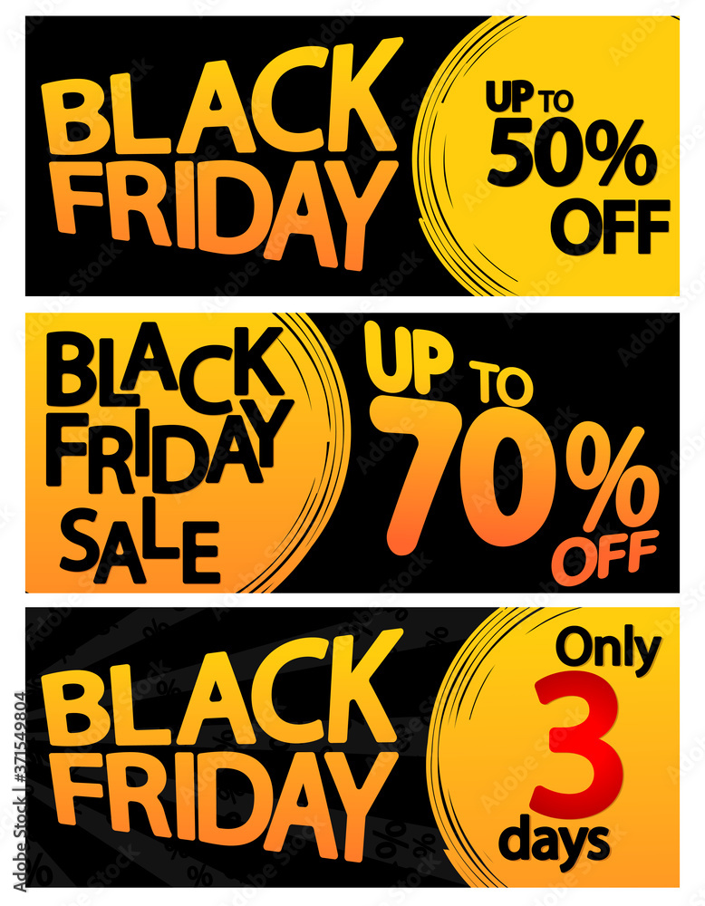 Black Friday Sale, set web banners design template, 3 days only, vector illustration