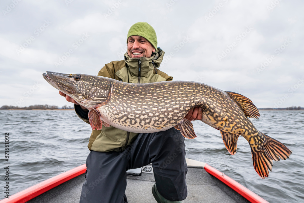 Success pike fishing. Happy fisherman with big fish trophy at boat Success pike fishing. Happy fisherman with big fish trophy at boat
