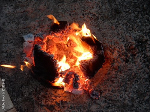 bonfire in the middle of a chopped tree stump at night