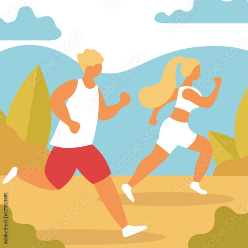 Happy couple running around in the park. Man and woman is engaged in fitness. Morning jogging. Active and healthy lifestyle. Vector illustration in cartoon style. Men and women dressed. Sports