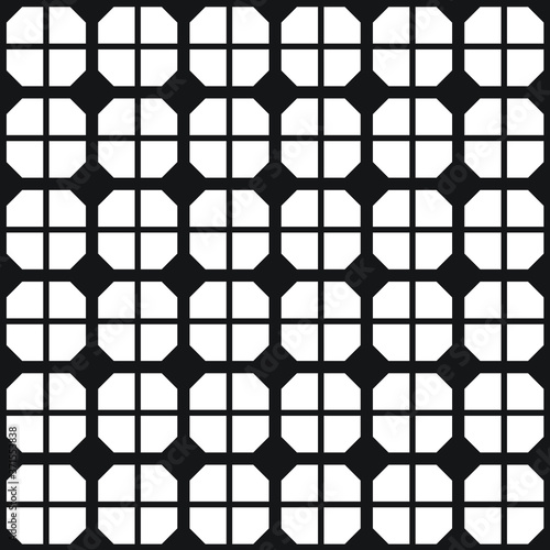 Simple black and white repeating grid pattern of boxes with crossing lines and thick outlines, geometric vector illustration