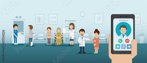 Book doctor online with hand hold mobile phone flat design vector illustration