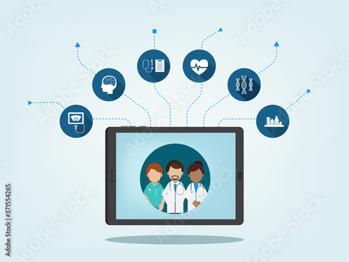 Online Doctor concept with doctor on digital tablet flat design vector illustration