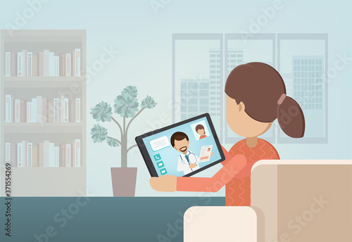 Online Doctor concept with doctor on digital tablet flat design vector illustration
