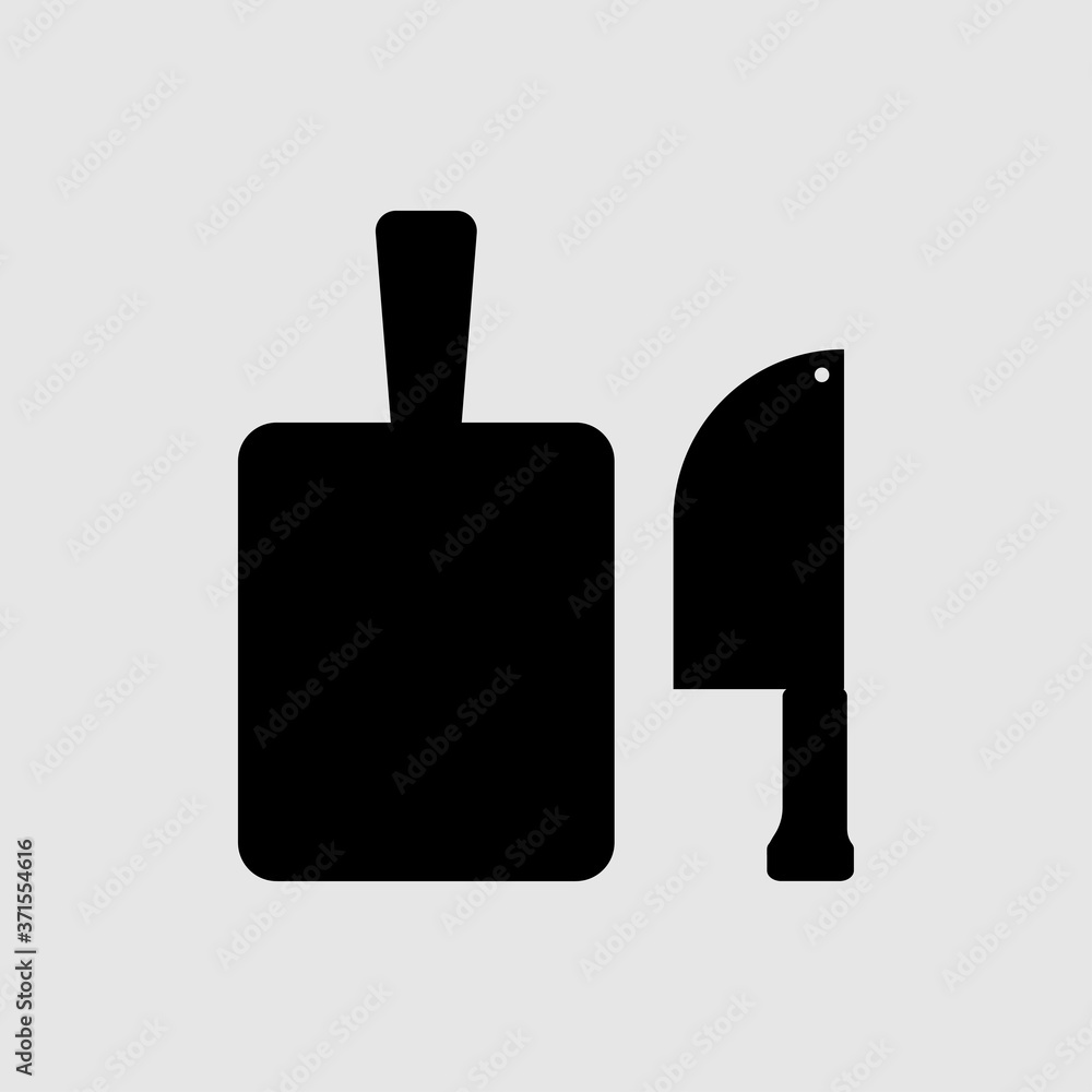Obraz premium Cutting board and kitchen knives vector icon, gray background. EPS 10