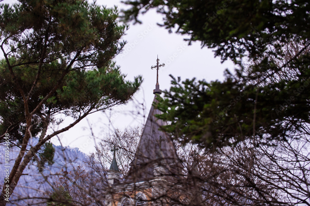 The religious cathedral church tower in the forest background snowy mountain. The religious cathedral church tower in the forest background snowy mountain.