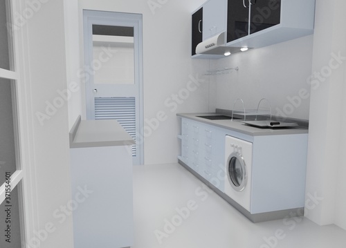 Modern design kitchen room interior 3D rendering home and architecture wallpaper background