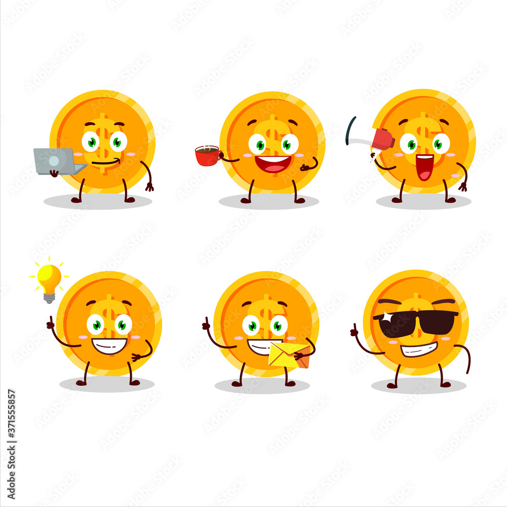 Coin cartoon character with various types of business emoticons