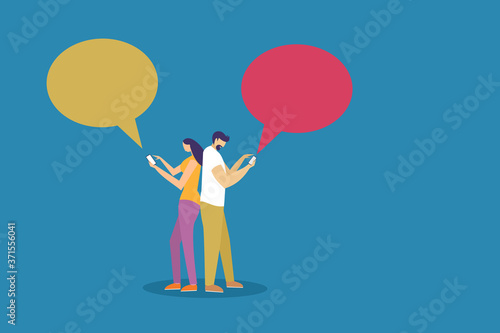 Young man and a woman in back to back position communicate with mobile phone with big chat bubbles