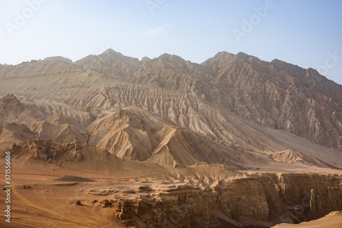 Flaming Mountains or Gaochang Mountains are barren, eroded, red sandstone hills near Turpan, Xinjiang, China