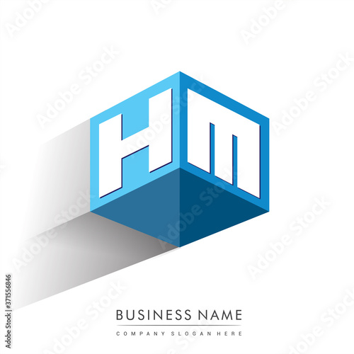 Letter HM logo in hexagon shape and blue background, cube logo with letter design for company identity.
