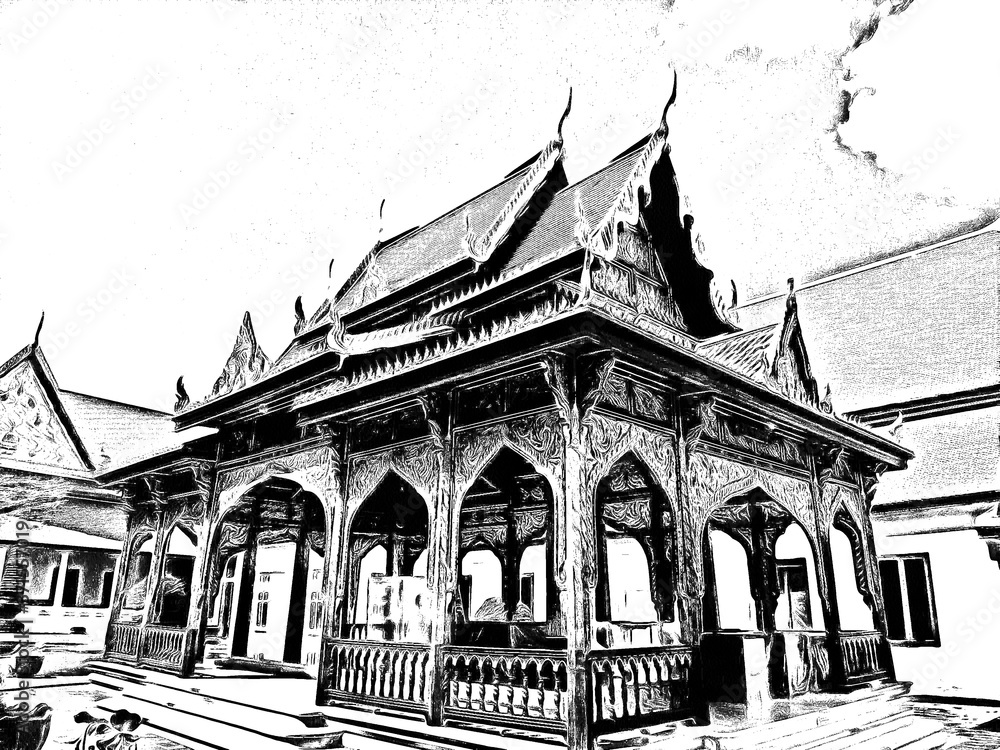Thai ancient architectural style illustration creates a black and white style of drawing.