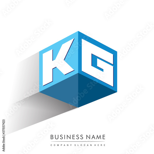 Letter KG logo in hexagon shape and blue background, cube logo with letter design for company identity.