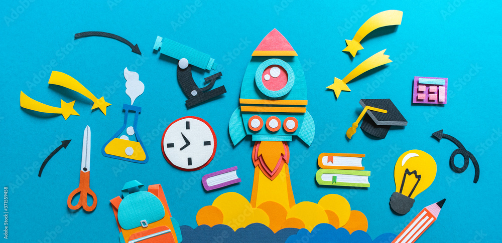 Rocket takes off. Back to school. Copy space. Education concept