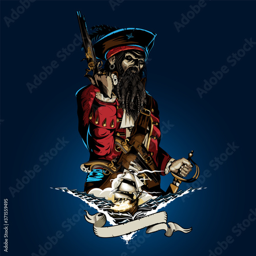 Captain Corsair vector illustration, vintage line art style