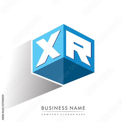Letter XR logo in hexagon shape and blue background, cube logo with letter design for company identity.