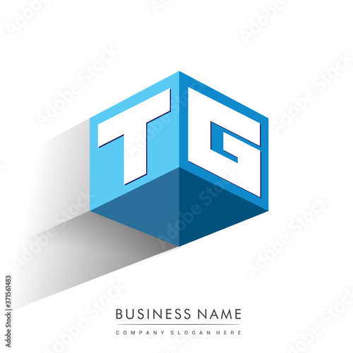 Letter TG logo in hexagon shape and blue background, cube logo with letter design for company identity.