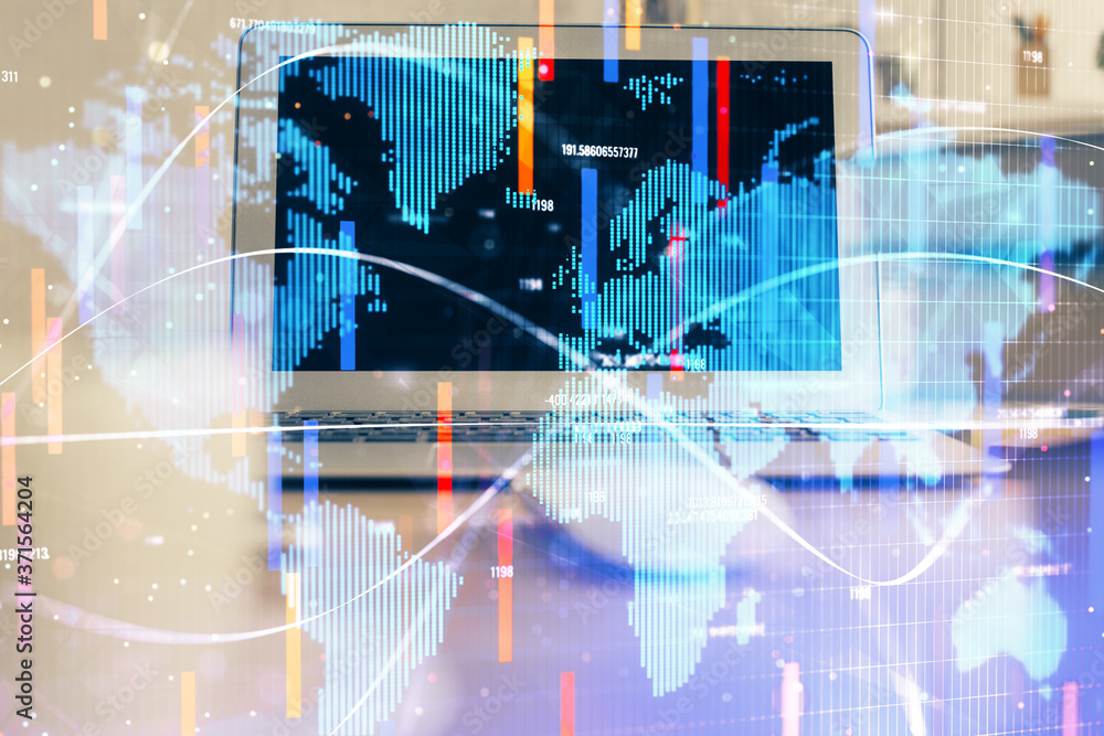 Multi exposure of business theme icons and table with computer background. Concept of success. Multi exposure of business theme icons and table with computer background. Concept of success.