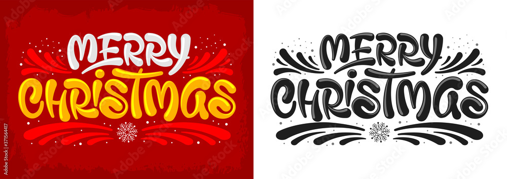 Merry Christmas artistic and unique lettering. Handwriting calligraphy. Color and monochrome typography set. Easy to use for any designs on Christmas and New Year. Vector illustration.