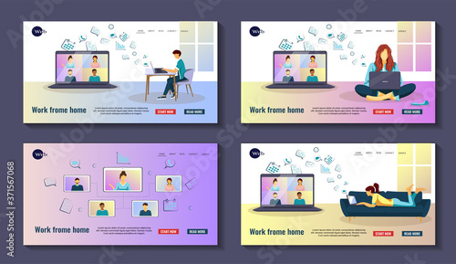 Set of web page template with people working from home. Distance working and learning, online meeting, video conferencing, communication concept. Vector illustration.