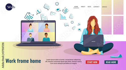 Web page template with woman sitting with laptop and working online. Distance working and learning, online meeting, video conferencing, communication concept. Vector illustration.
