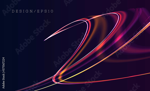 Dynamic abstract composition of bright neon light lines in motion forming chaotic shapes, abstract cover background