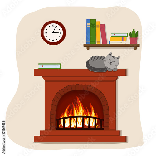 cozy interior fireplace, pet cat, bookshelf with books and indoor flower and wall clock, color vector illustration in flat style, clipart, design, decoration, banner