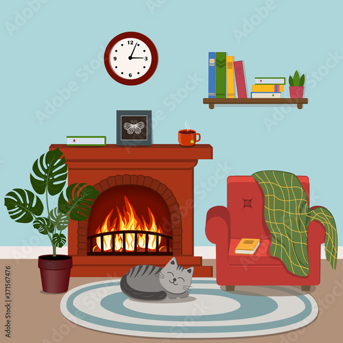 cozy interior fireplace, pet cat, bookshelf with books and indoor monstera flower and wall clock, color vector illustration in flat style, clipart, design, decoration, banner