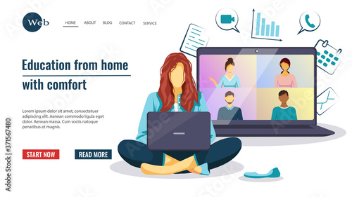 Web page template with woman sitting with laptop and learning online. Online education, video conference, e learning, courses concept. Vector illustration for website development, banner and poster.