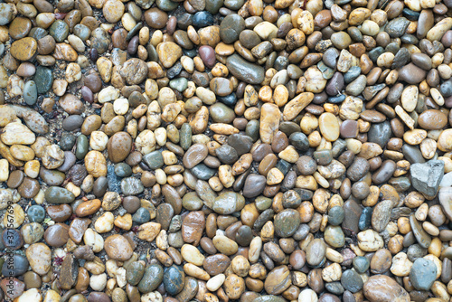Multicolored colorful sea pebbles, natural background, texture. Close-up texture of colorful sea pebbles. Small Rock.