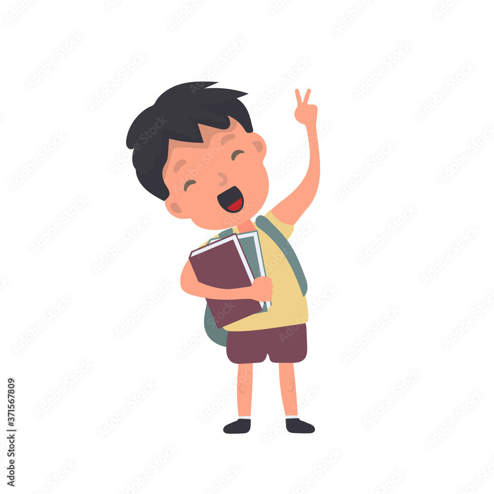 The teenager holds books and waves his hand. Satisfied schoolboy. Suitable for design at school or on vacation. Isolated. Vector. The teenager holds books and waves his hand. Satisfied schoolboy. Suitable for design at school or on vacation. Isolated. Vector.