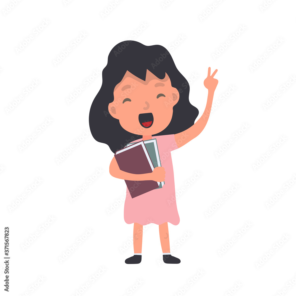 Girl with books waves. A satisfied schoolgirl. Suitable for design at school or on vacation. Isolated. Vector. Girl with books waves. A satisfied schoolgirl. Suitable for design at school or on vacation. Isolated. Vector.