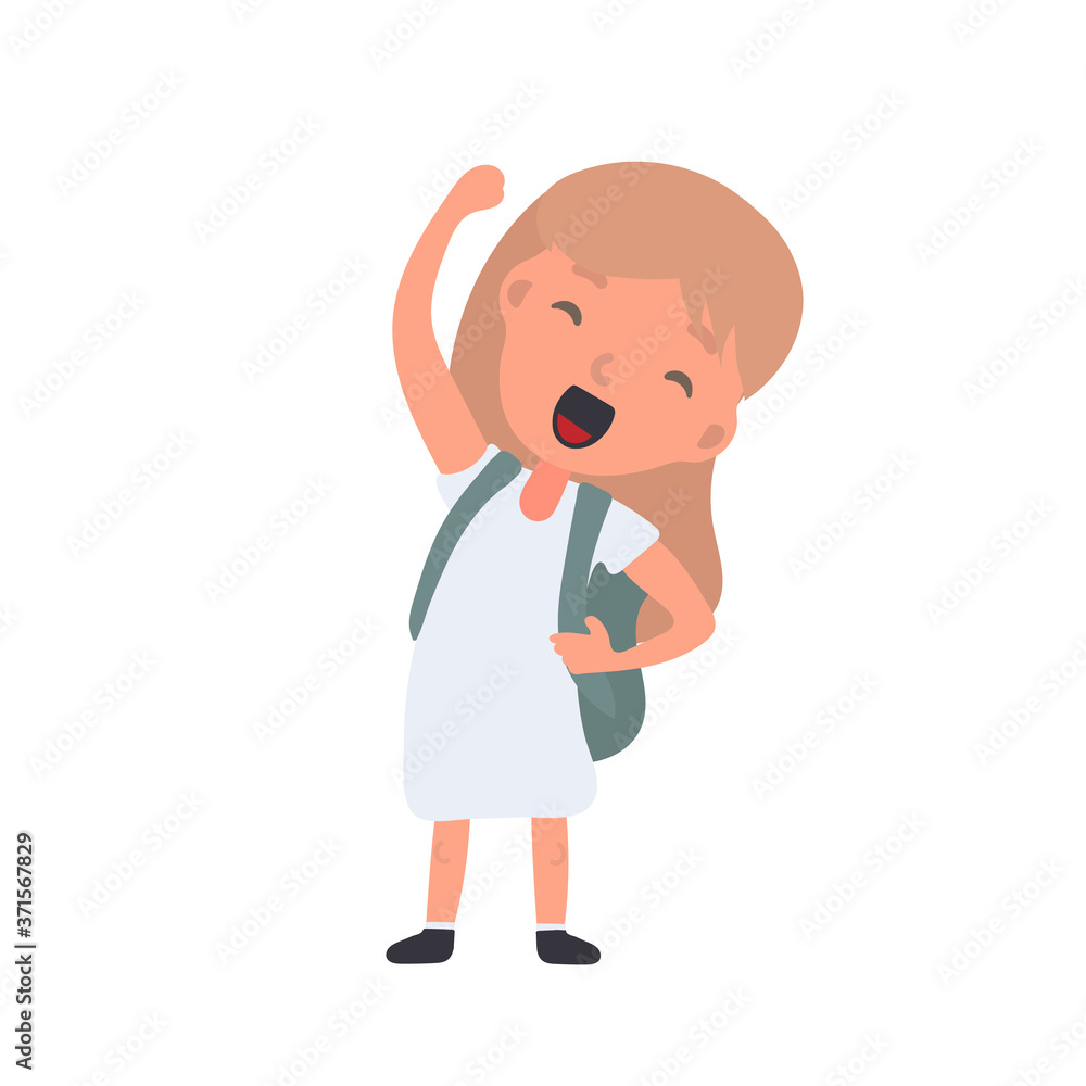 A girl with a backpack waves. Satisfied schoolboy girl. Suitable for design at school or on vacation. Isolated. Vector. A girl with a backpack waves. Satisfied schoolboy girl. Suitable for design at school or on vacation. Isolated. Vector.