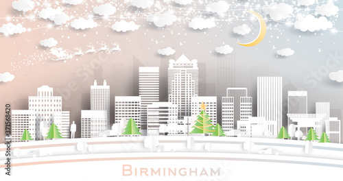 Birmingham Alabama USA City Skyline in Paper Cut Style with Snowflakes, Moon and Neon Garland.