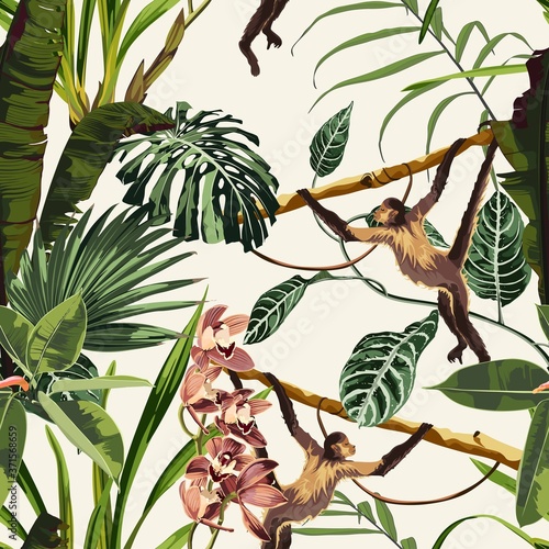 Seamless pattern with monstera, liana, leaves, orchid flowers and monkey animals. Illustration on beige background.