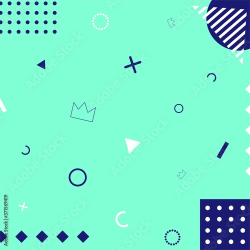 Blue, white and aqua memphis geometric background. Graphic pattern, texture for poster, card, social media, banner, etc.