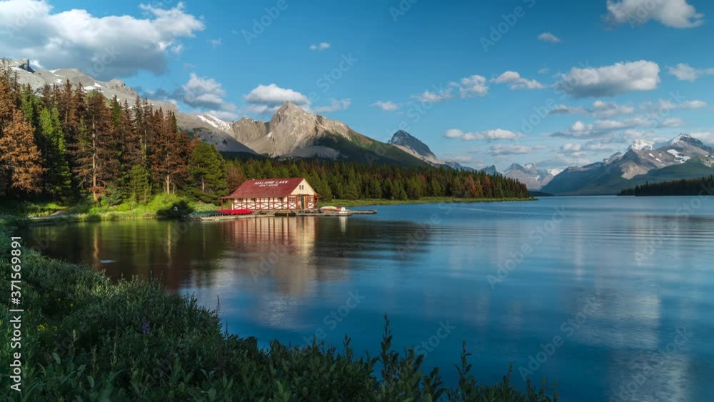 Jasper National Park, Alberta, Canada, time lapse view of Maligne Lake on a beautiful summer day. Jasper National Park, Alberta, Canada, time lapse view of Maligne Lake on a beautiful summer day.