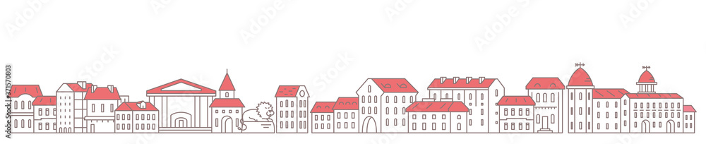 Naklejka premium City panorama. Historic low-rise downtown district. Red roof. Long horizontal banner. Copy space. Vector contour outline illustration.