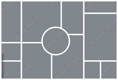 Photo collage grid. Mood board template. Vector. Moodboard design. Mosaic frame banner with circle. Gray pictures on white background. Photography album layout. Minimalistic simple illustration
