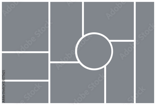 Photo collage template. Mood board. Vector. Mosaic frame banner. Picture grid. Moodboard background. Photography album layout with circle. Horizontal rectangle mockup. Minimalist, simple illustration.