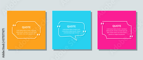 Quote text box. Quotations frame template. Vector. Speech bubbles. Set of white info comments and messages in textboxes on color background. Colorful illustration. Cards with rectangle and octagon.