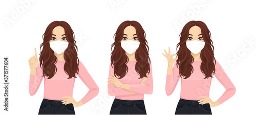 Sad beautiful woman wearing protective mask as protection against transmissible infectious diseases and air pollution. Isolated vector illustration