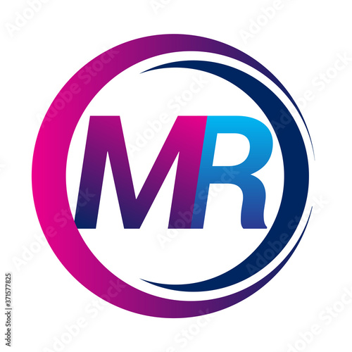 initial letter logo MR company name blue and magenta color on circle and swoosh design. vector logotype for business and company identity.