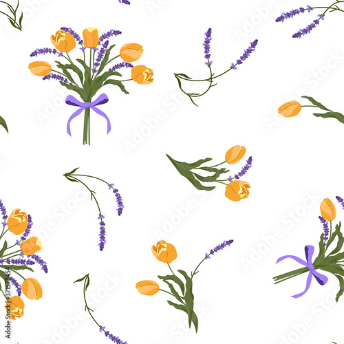 Seamless vector illustration with delicate tulips and lavender