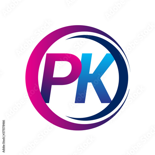 initial letter logo PK company name blue and magenta color on circle and swoosh design. vector logotype for business and company identity.