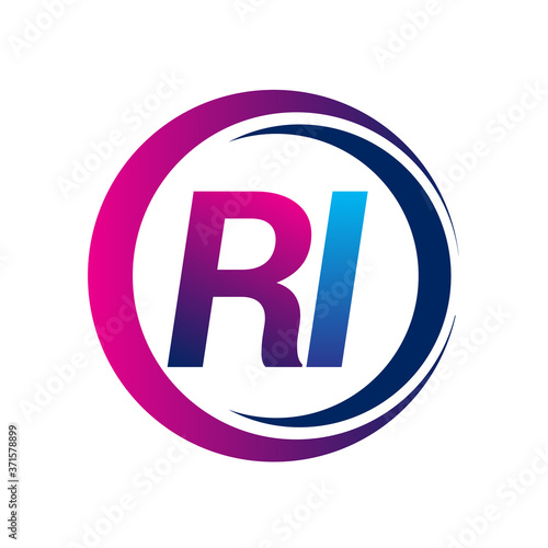 initial letter logo RI company name blue and magenta color on circle and swoosh design. vector logotype for business and company identity.