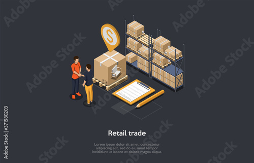Concept Of Retail Trade. Business People Make A Deal Of Supply Goods. Characters Shaking Hands In Warehouse. Goods In Cardboard Boxes On Pallets And On Racks. Cartoon Isometric 3D Vector Illustration